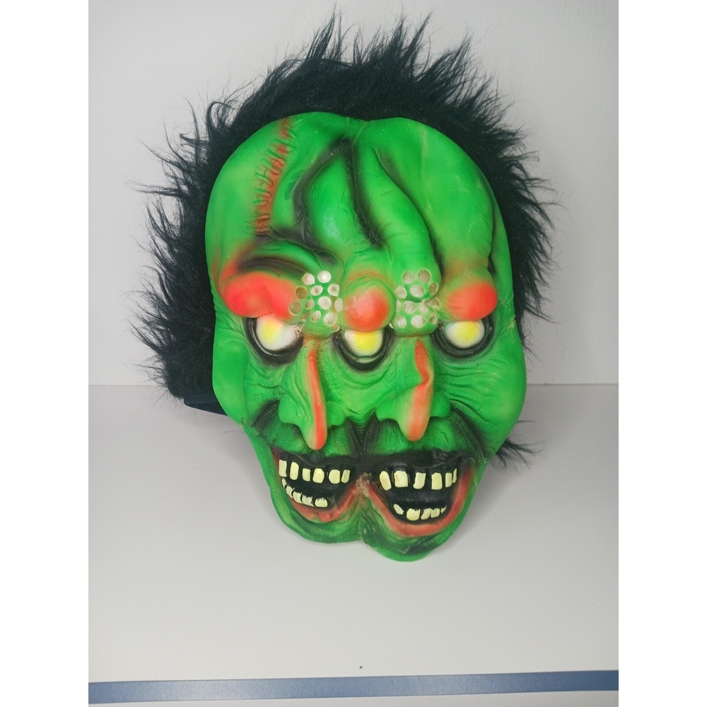 VTG‎ Fun World Two Faced Green Rubber/Latex Mask Halloween Costume Black Hair